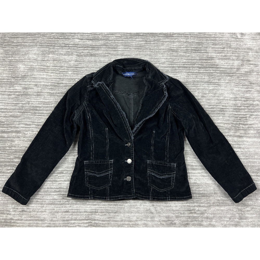 Bandolino Blu Corduroy Blazer Womens L Black Button Front Western Raw Edge Trim